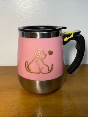 Self Stirring Mug Magnetic Rechargeable Stainless Insulated Pink Vet Dog Cat
